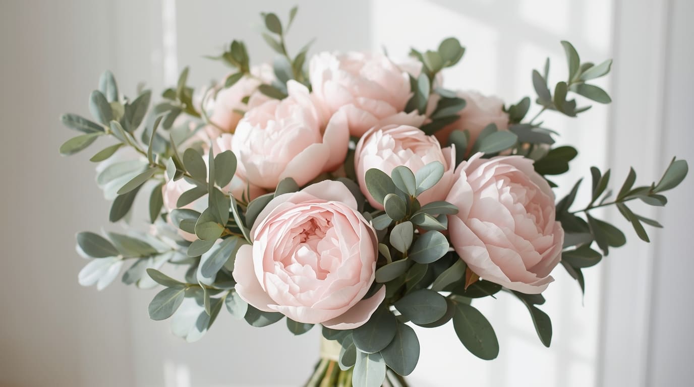 Blush Perfection boeket met pioenrozen en eucalyptus